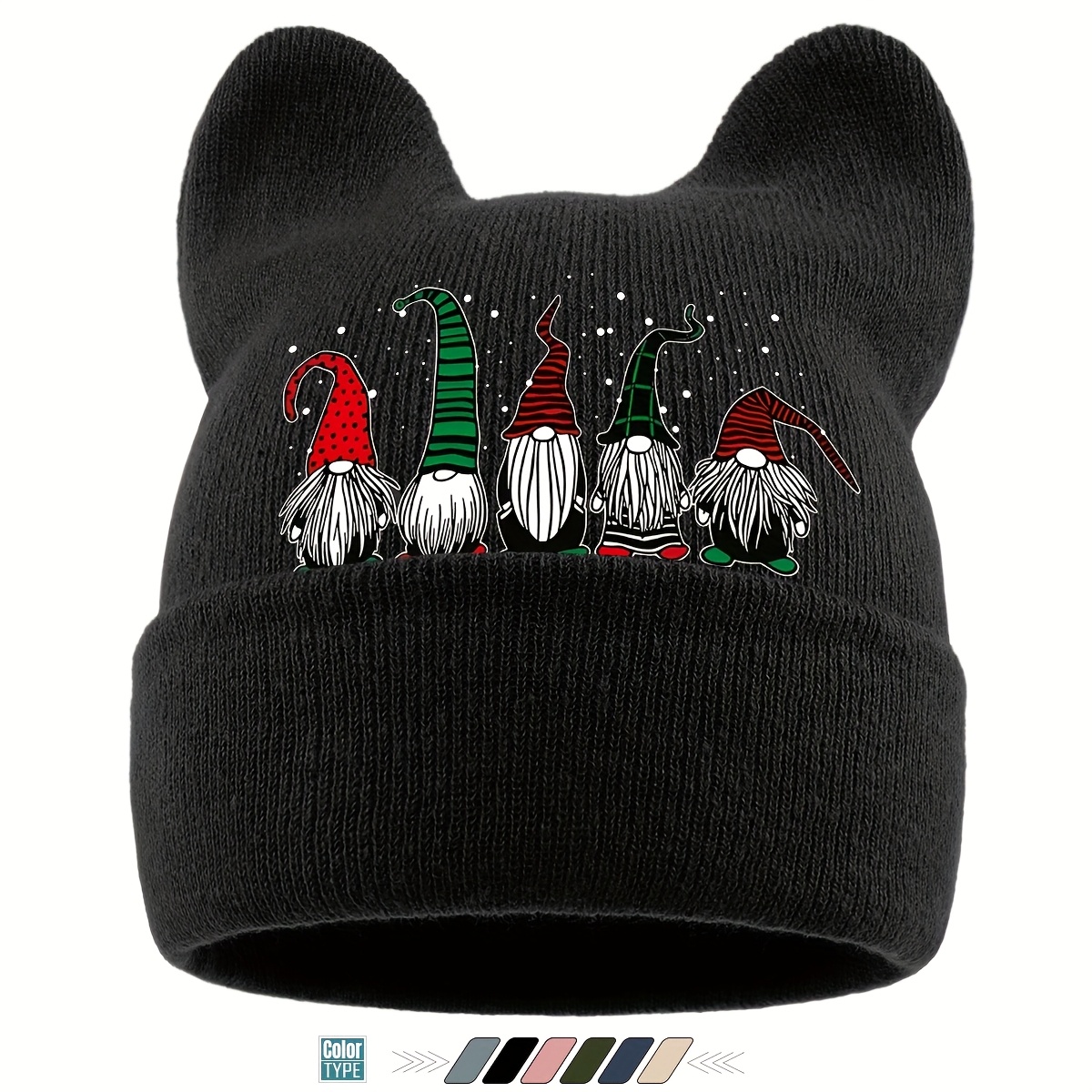 TEMU 1pc Christmas Elf Pattern Print Cat Ear Hat, Lightweight Warm Winter Gnome Hat, Stretchy Thermal Headwear, Beanie Hat For Men And Women, Skull