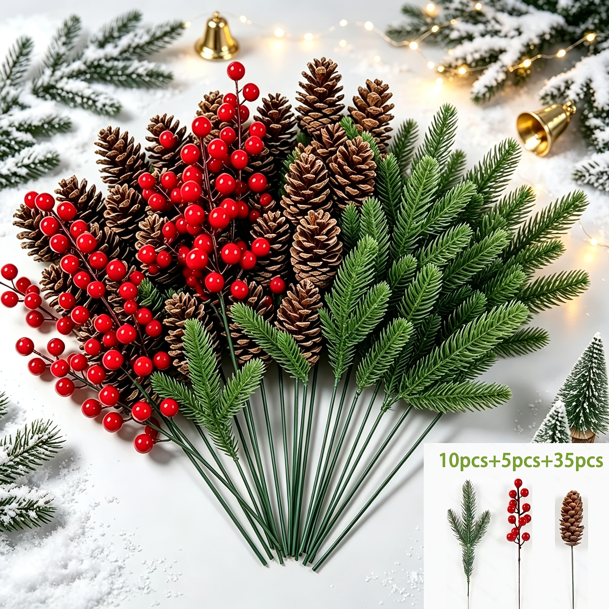 Image of 50pcs Pine Branches, Pine Cones, And Ornaments | Realistic Plastic Tree Branch Christmas Tree Decorations | Winter Wedding And Wreath Centerpieces | Sturdy And Decor | Wreath Accessories