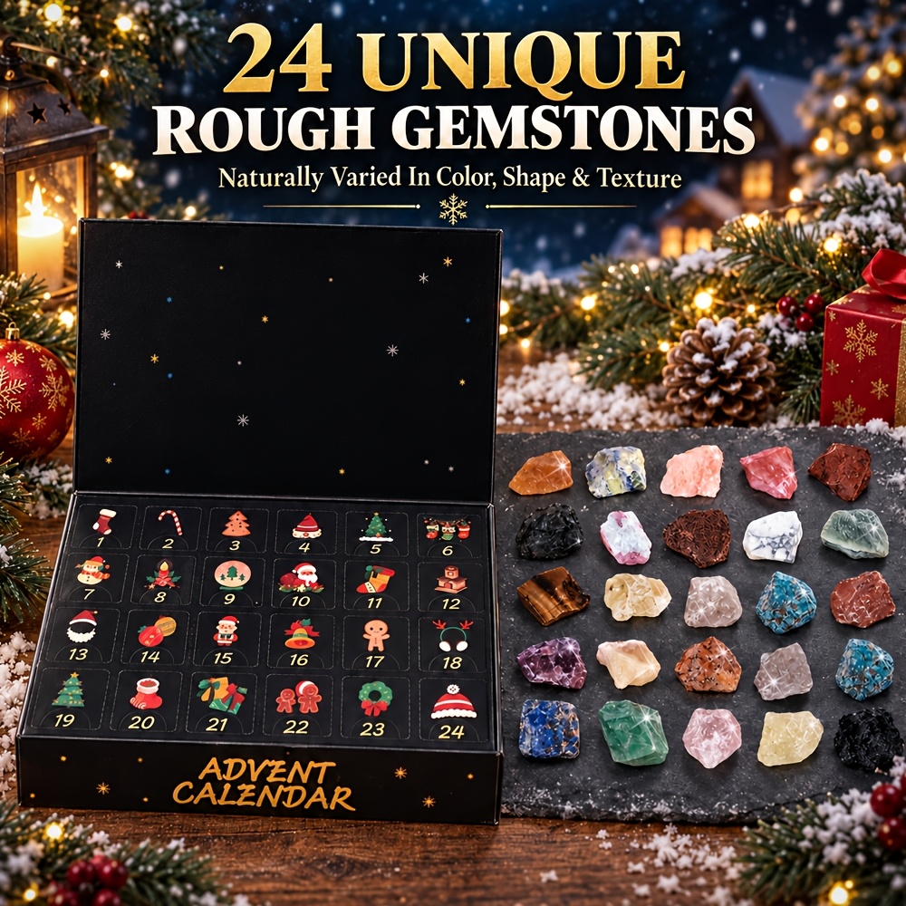 TEMU 24pcs Natural Crystal Rough Irregular Stones Christmas Advent Calendar Gift Box, Xmas Countdown Crystal Gift For Meditation Home Decor,random