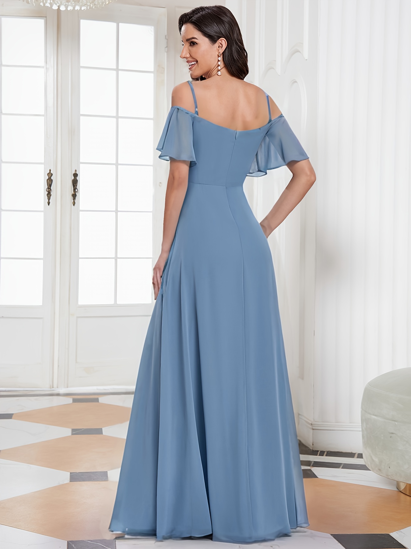 dusty blue bridesmaid dress sleeves featuring a v