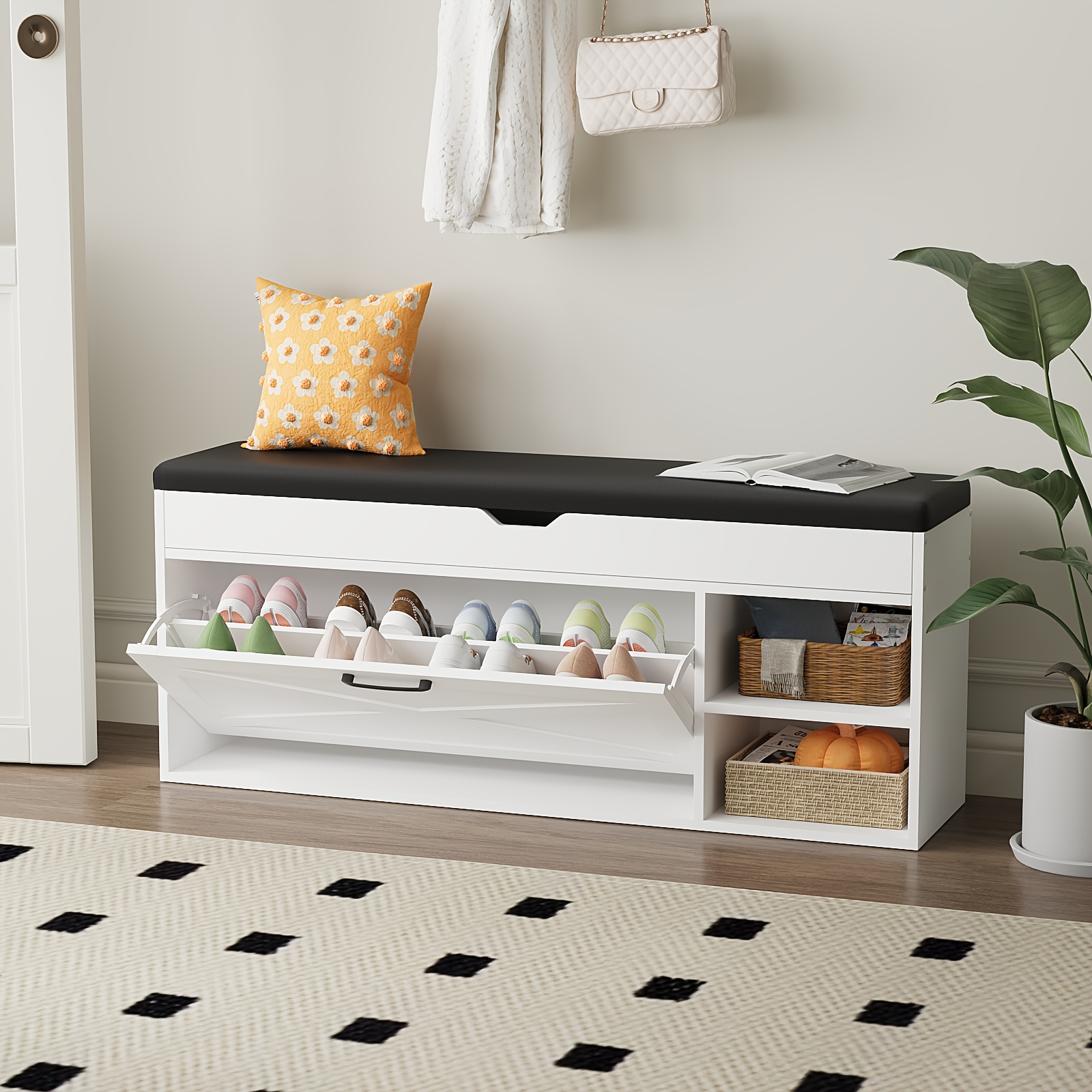 47 freestanding shoe storage bench with hidden compartment open shelves soft   leather seat white   saving design for entryway hallway or living room shoe rack 2