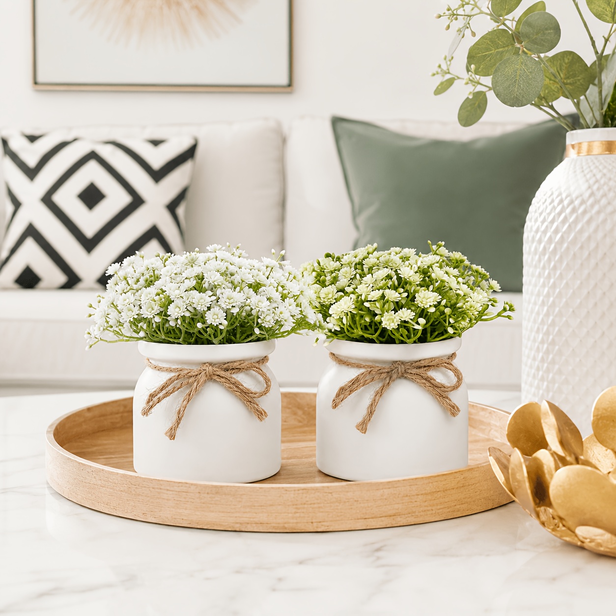 TEMU 2pcs Faux 's Breath Potted Plants, White 's Breath Flower Clusters With Leaves And Burlap Bow White Pots, Artificial Ornaments, Home Holiday