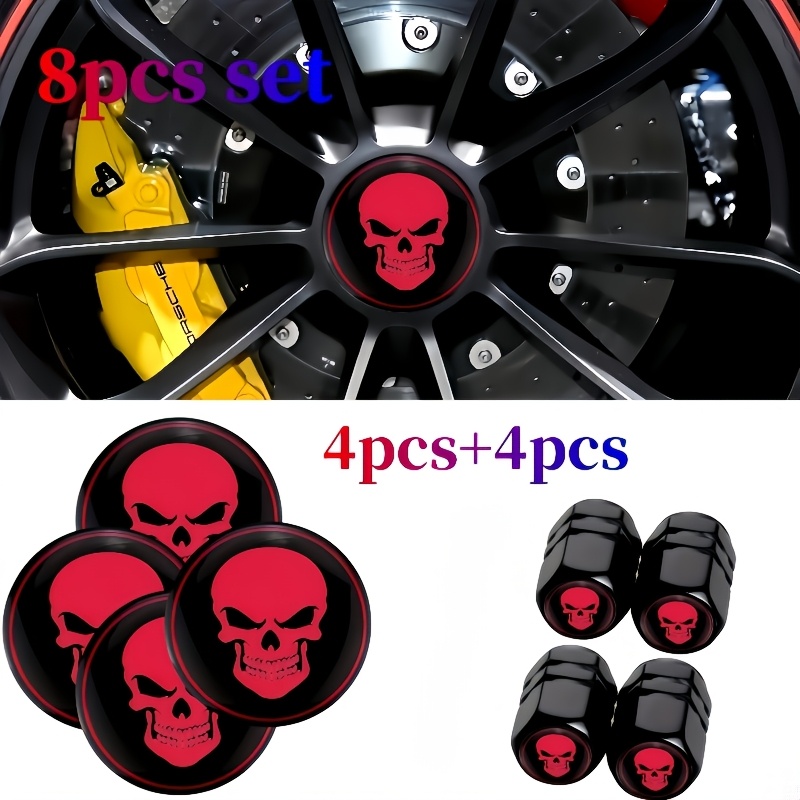 Image of (8pcs Set) 4pcs Head New Car Wheel Center Cover Edge Stickers Wheel Valve Cover And 4pcs Head Valve Cover Car Decoration