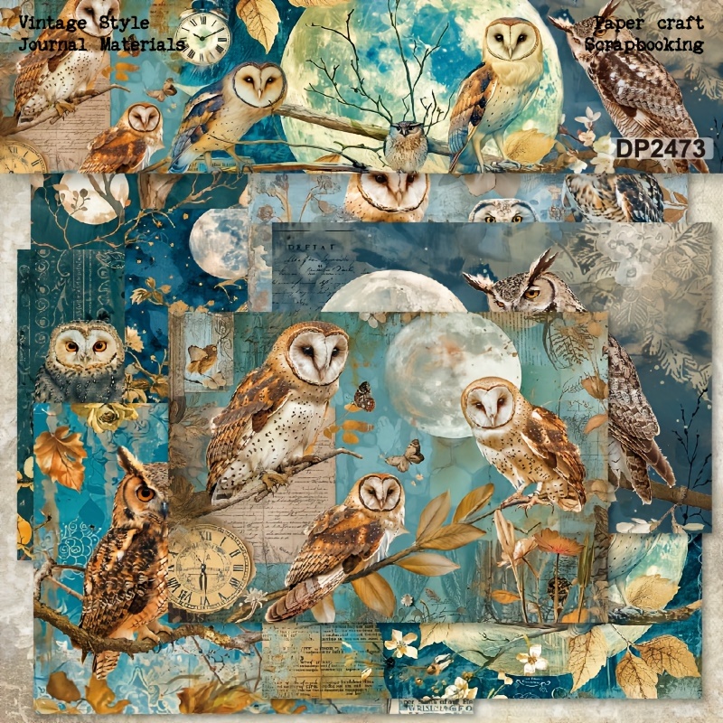 

8-piece Set Vintage Owl Themed Decorative Craft Paper For Scrapbooking, Decoupage, Window & Wall Decor - Multifunctional Artistic Stationery Supplies