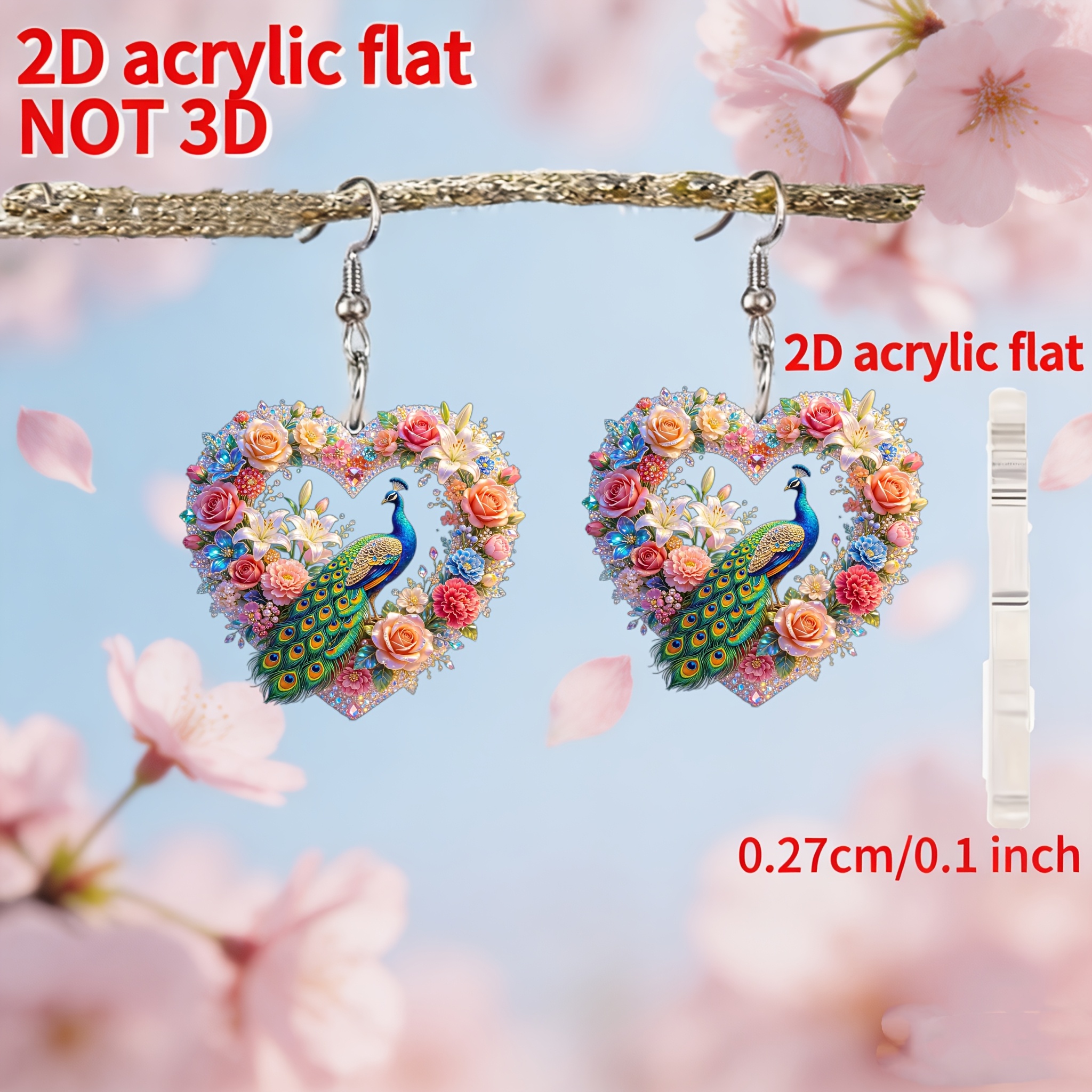 Women's 2D Flat Heart Flower Peacock Acrylic Stud Earrings
