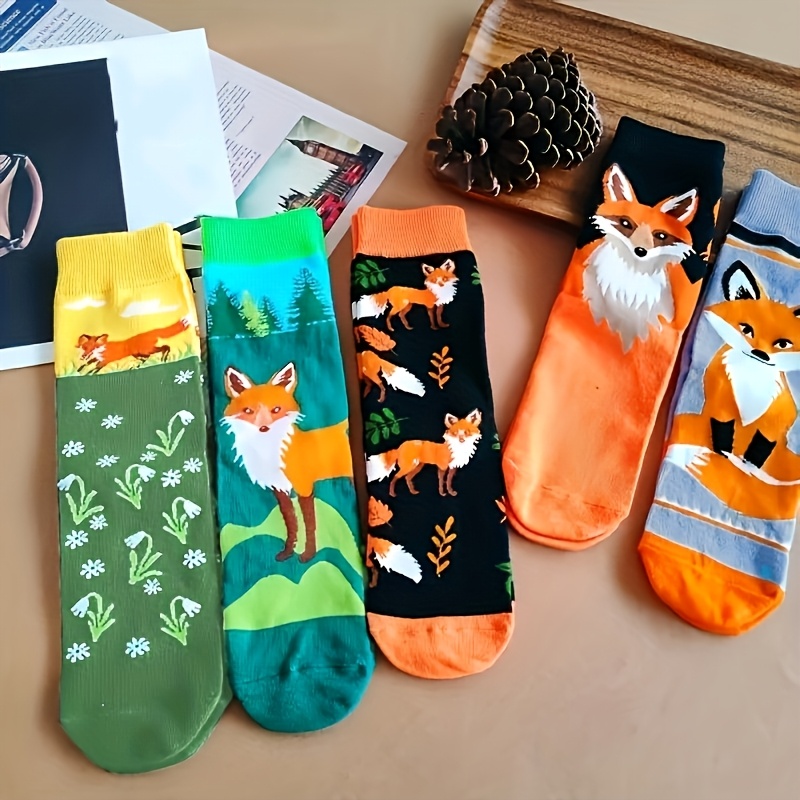 E-shop 5-Paar Modische Cartoon-Fuchs-Tiermuster Bequeme Atmungsaktive Trendige Wadenhohe Damensocken