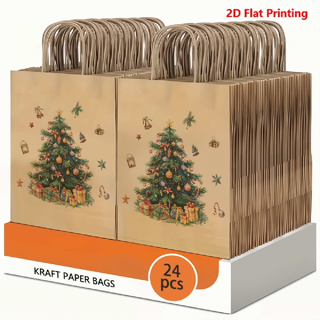 TEMU 12/24 pezzi Sacchetti di carta per bomboniere, stampa albero di Natale, borse per , shopping, regalo, sacchetti per la conservazione