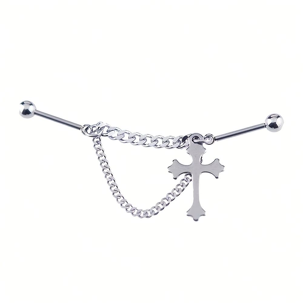 Image of 1pc Double Chain Cross Pendant Floating Industrial Piercing Barbell Stainless Steel Earring Helix Piercing Ear Piercing Ear Stack Body Jewelry