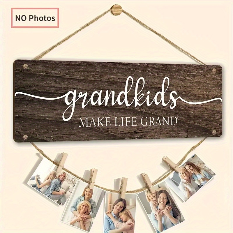 

grandkids Make Life Grand" Wooden Sign & Photo Display Set - Vintage Style Wall Hanging For Home Decor, Gift For Grandparents, Multi-, No Power Needed, Parties