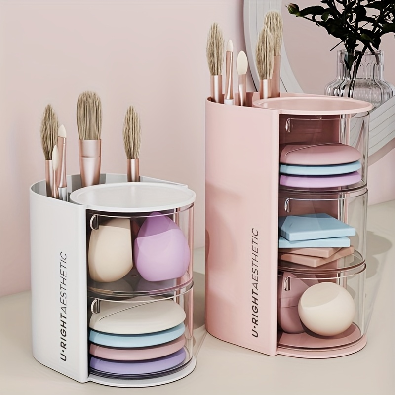 2 3 tier makeup organizer with brush holder dustproof white pink powder     dsktop cushions holder container with brushes case hair clip jewelry storage drawel bin   vanity table bathroom Product details 3