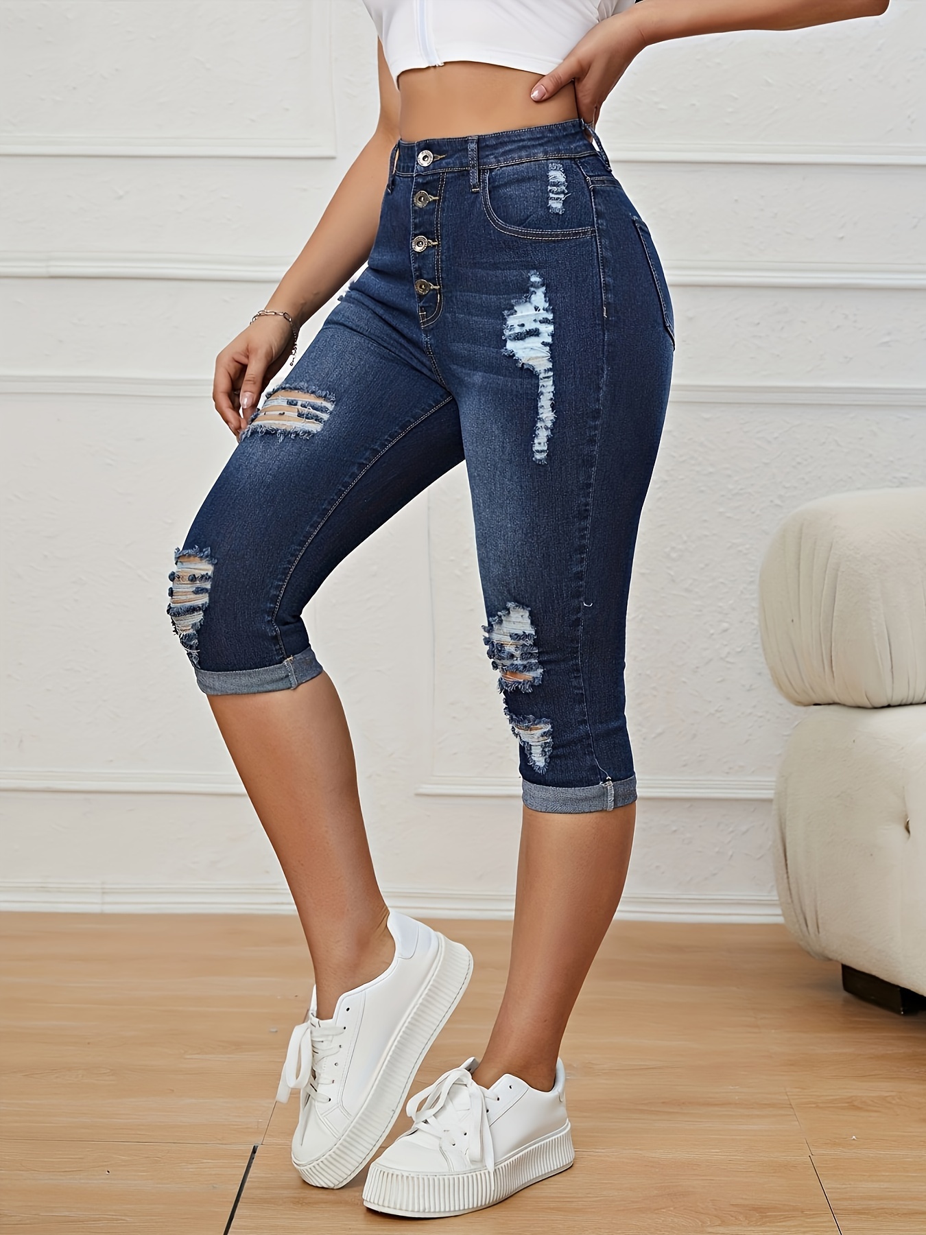 Blue Slim Fit Cropped Jeans, Slash Pockets Mid-Stretch Capris Denim Pants,  Women's Denim Jeans & Clothing