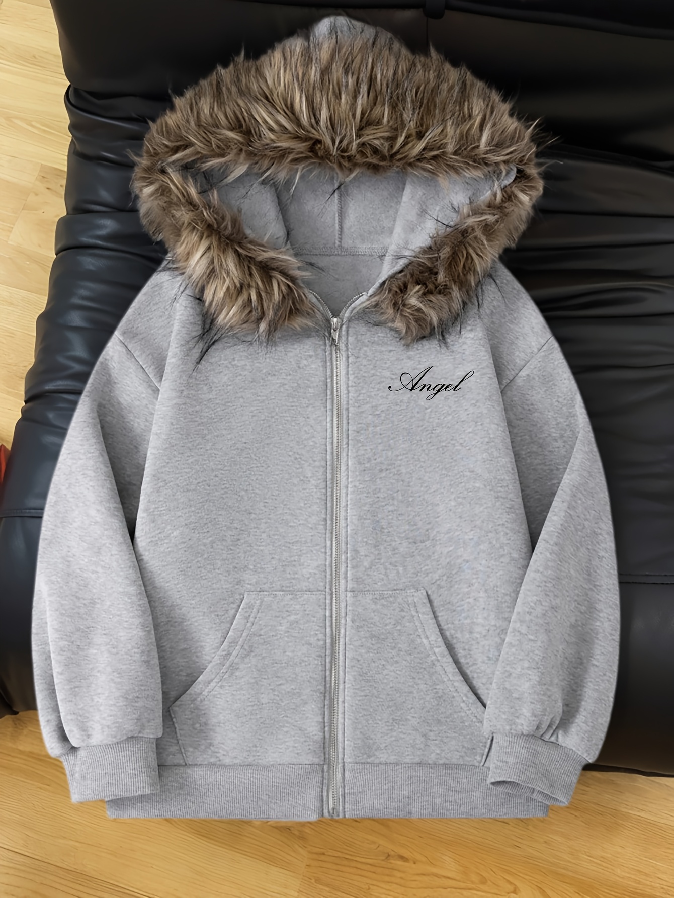 zip up hoodie with fur hood sold on Temu United States