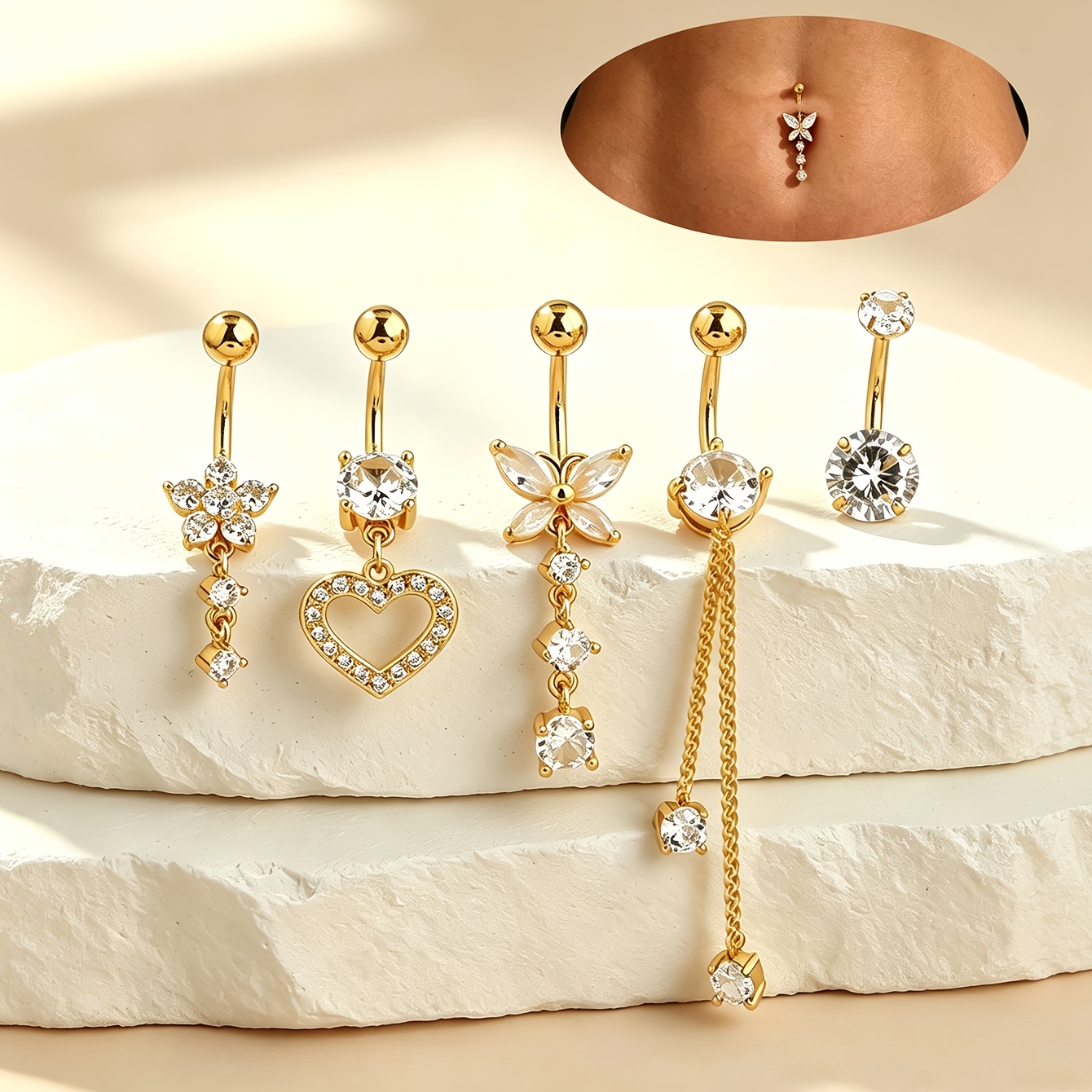 TEMU 5pcs Belly Ring Set, Stainless Steel Heart Flower Zirconia Tassel Style Hypoallergenic Piercing Jewelry, Beach Party All-match