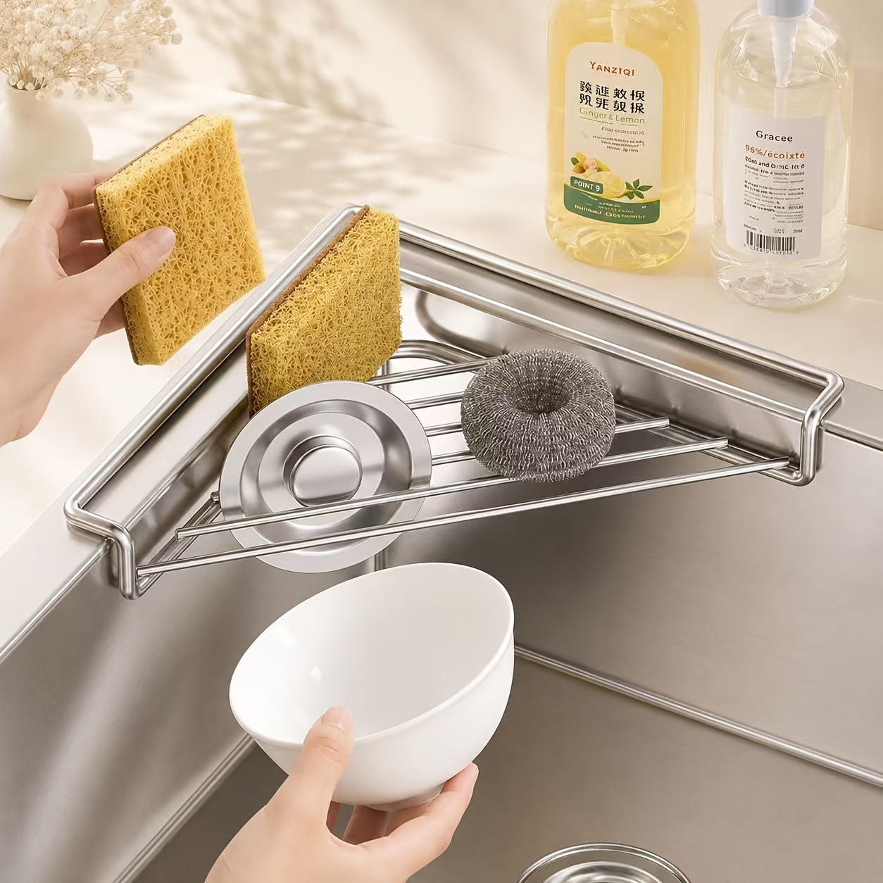 Stainless Steel Triangular Sink Draining Rack Organizer
