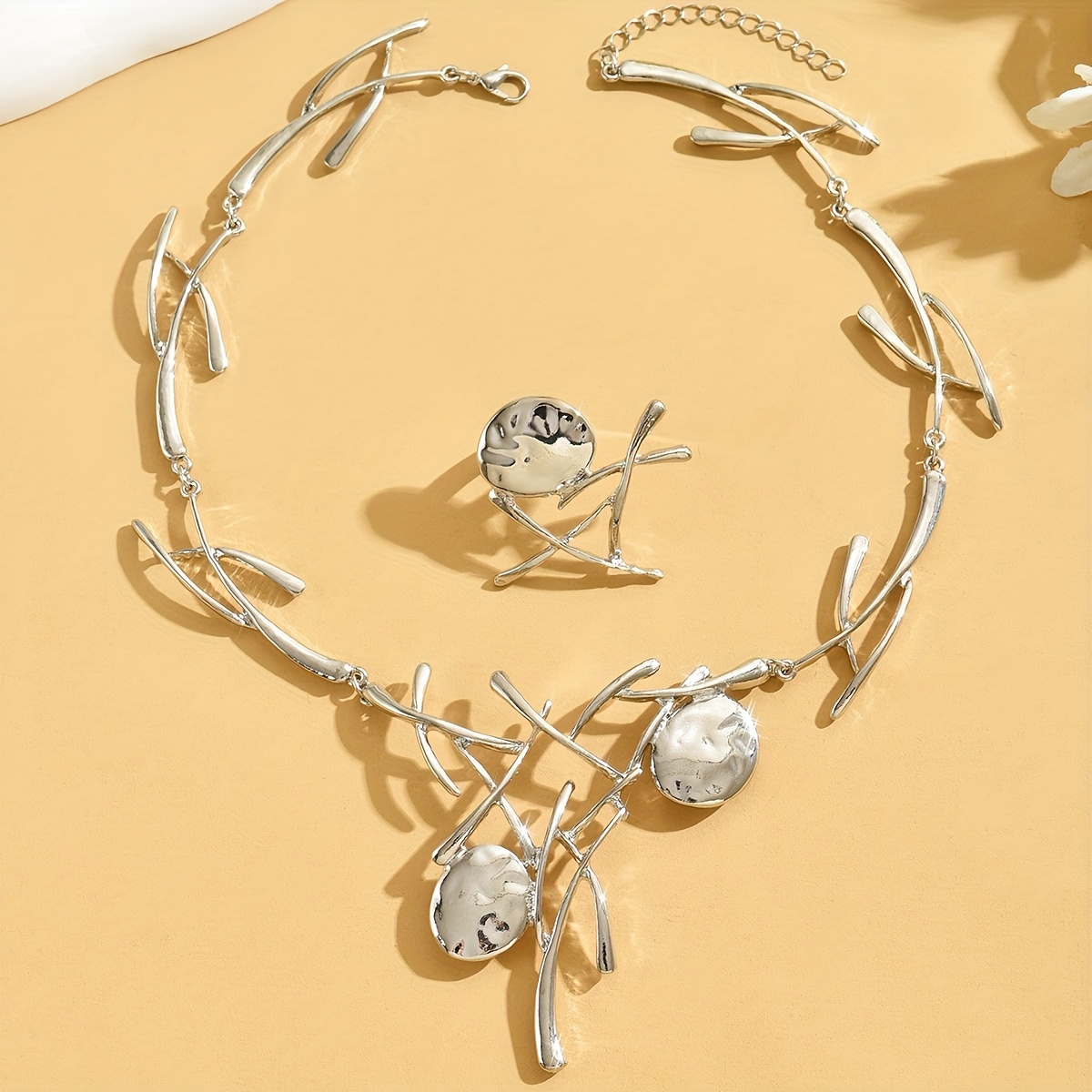 Stylish Forked Branch Pendant Necklace and Ring Set for Women