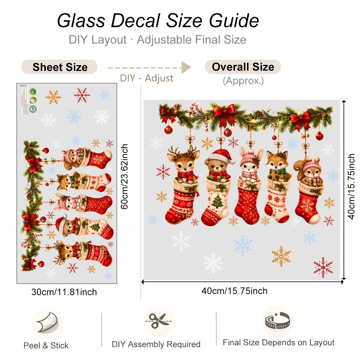 TEMU 1 stuks 30x60 cm Kerstkaars Bosdier Raam Muurstickers Sneeuwvlok Strik Pijnboomtak Snoepstok Ster Zelfklevende Vinyl Stickers voor Glazen Raam
