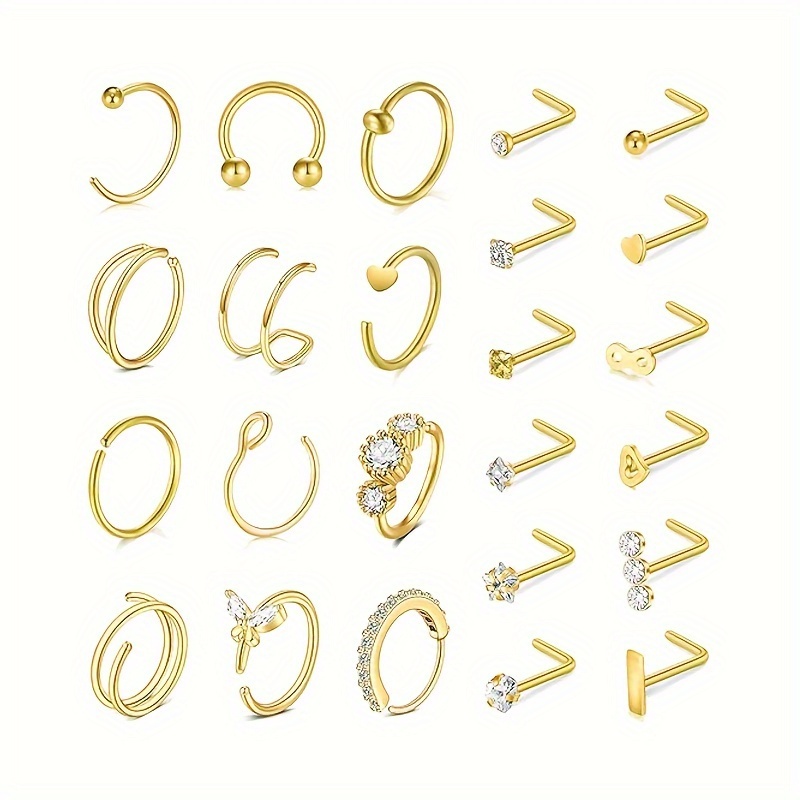 

33pcs 20g Stainless Steel Nose Rings Hoops Buttergly Heart Style L Shaped Nose Studs Screw Nose Piercing Jewelry For Women For Vacation For Gift