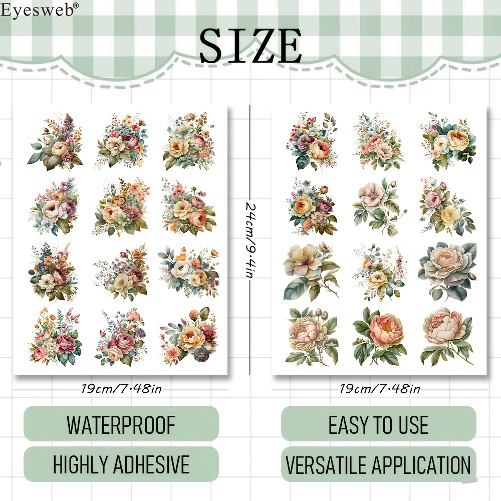TEMU Transfert floral vintage - 24 styles de fleurs DTF UV imperméables pour tasses, mugs, bocaux, bricolage, artisanat, décoration
