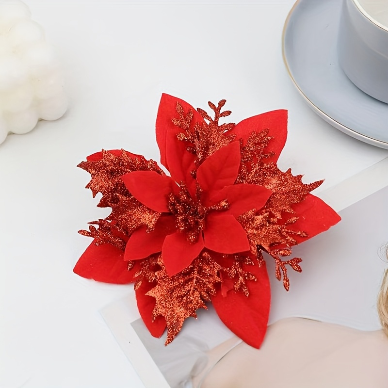 Image of 60-piece 5.5-inch Shiny Double-layer Christmas Floral Strips With Tree Decor And Wreath Accessories, Ideal For Holiday Parties & Weddings – Includes 30 Flower Branches + 30 Clips