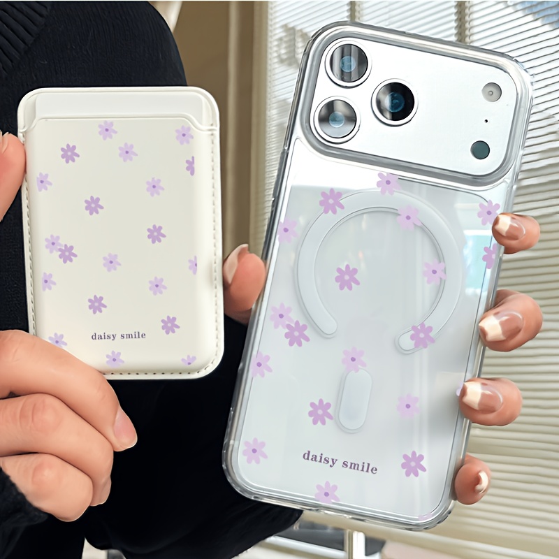 TEMU Phone Case: 2-in-1 Magnetic Phone Case And Detachable Magnetic Wallet Purple Flower Pattern Suitable For Iphone 17 16 15 14 13 12 11 Pro 8 Pus