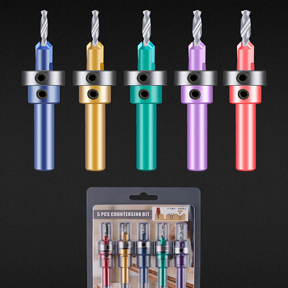 

5pcs Counterbore Drill Bit Set In Vibrant Colors - Hard Alloy, Adjustable Height For Precise Woodworking & Diy Projects - Includes Step, Spiral Drill Bits With Stop Ring For Screw Placement