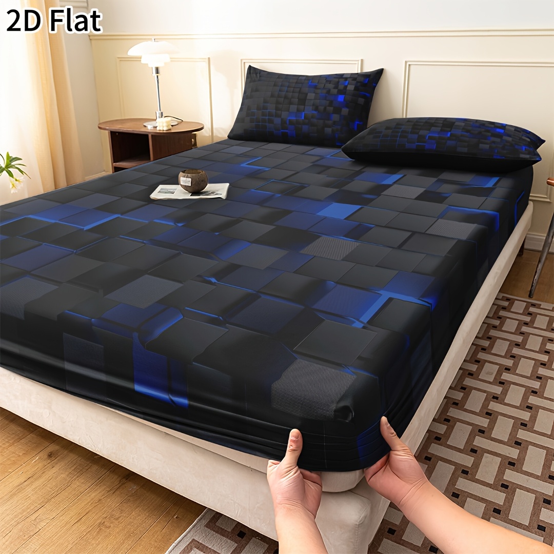 TEMU 2d Flat 3pcs Sheet Fitted Set (includes 1pc Sheet Fitted And 2pcs Pillowcases, Pillow Not Included), Geometric Grid , Soft Comfortable Bedding