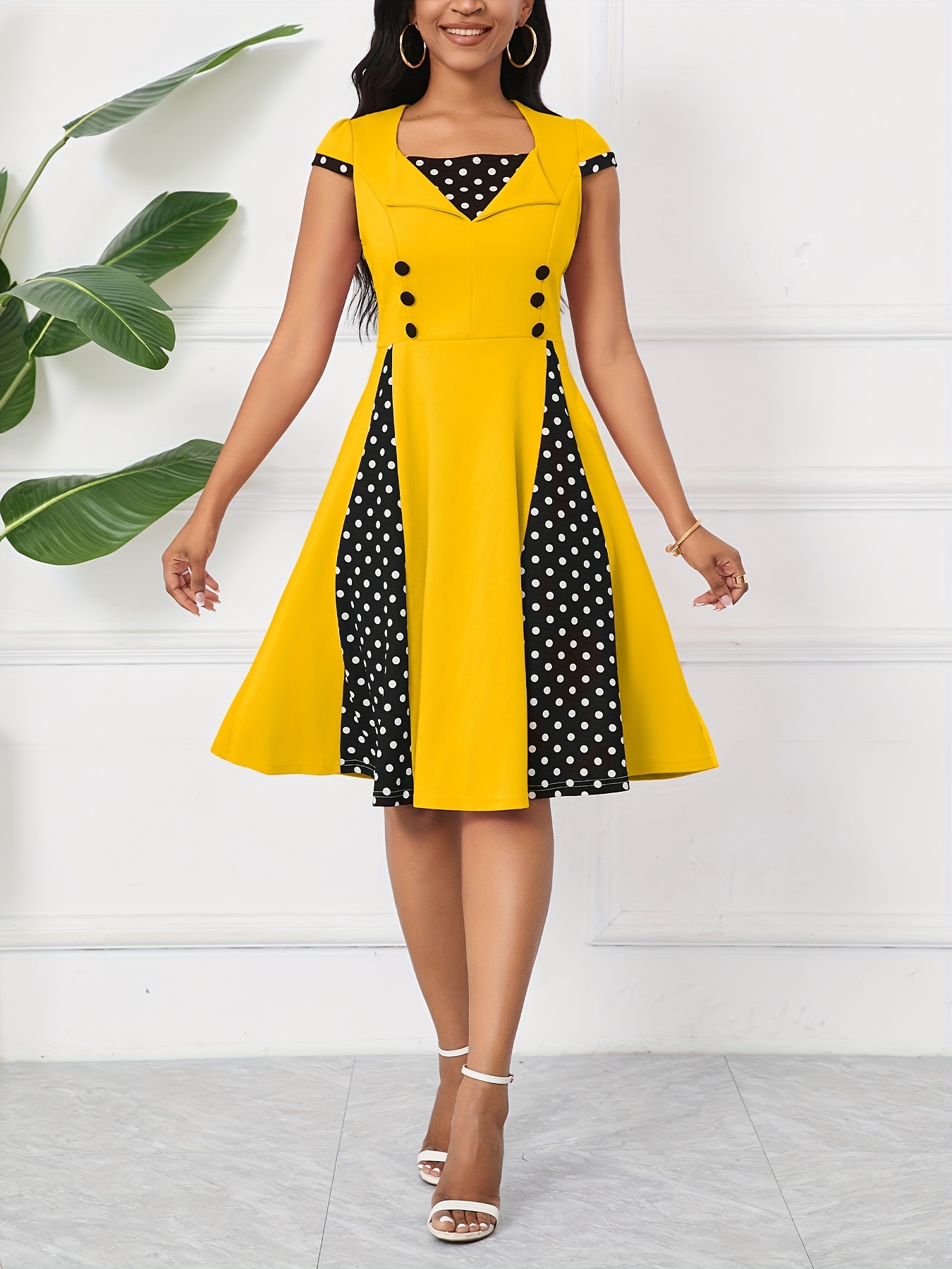 womens mustard yellow black polka dot dress square neck Temu