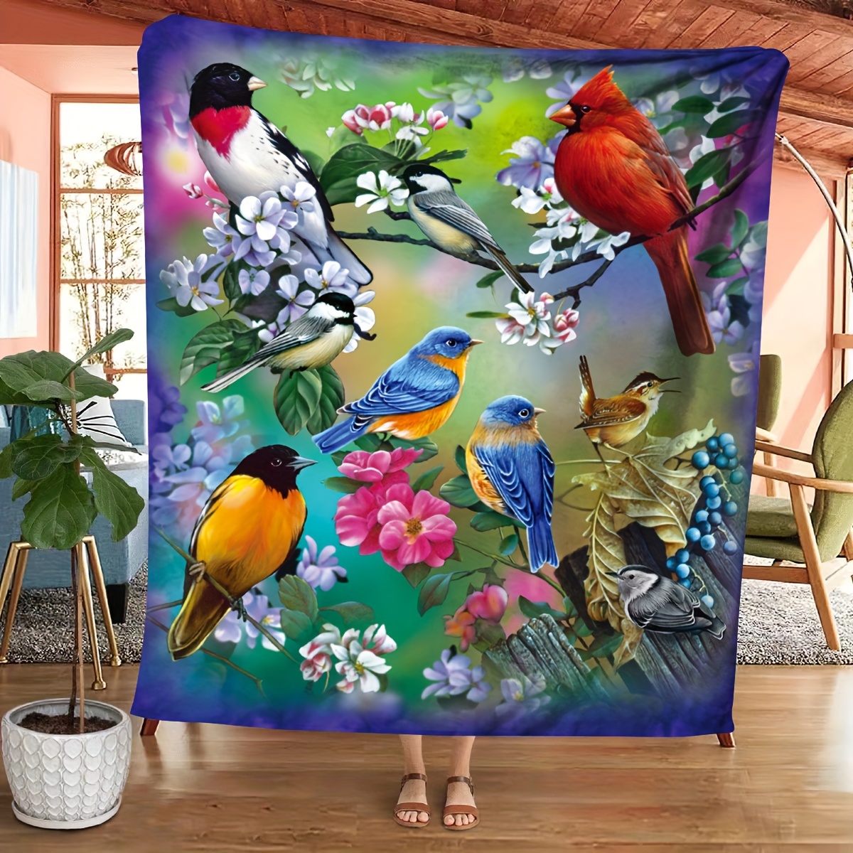 

1pc Colorful Birds On Branches Pattern Blanket Soft Blanket Flannel Blanket For Couch Sofa Office Bed Camping Travel, Multi-purpose Gift Blanket For All Season