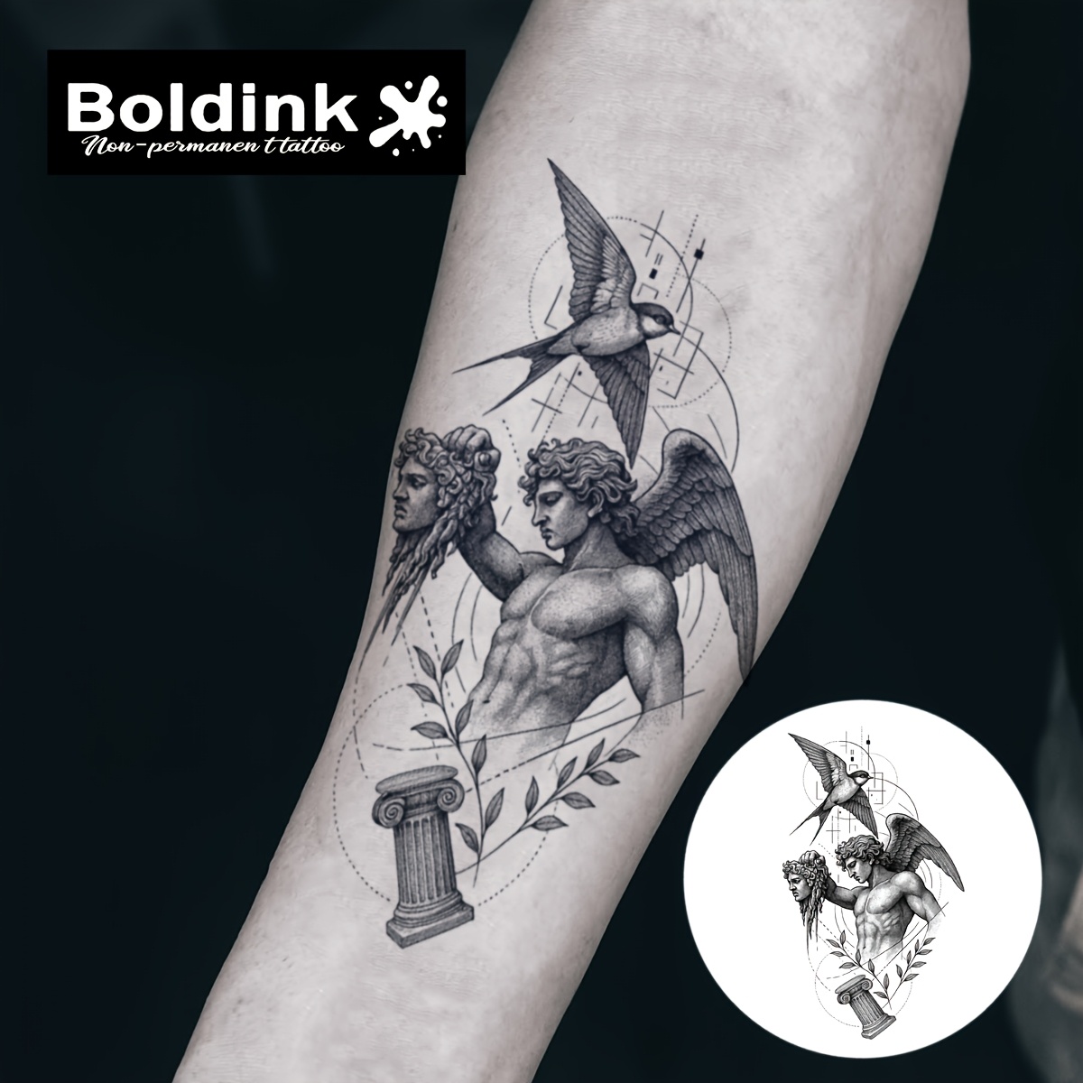 Image of Boldink Modern Geometric Abstract Style Tattoo Sticker | Ancient Roman Perseus | Waterproof For 1-2 Weeks | Renaissance Hand-painted Matte Natural And Lifelike | Accessory For Party Outfits