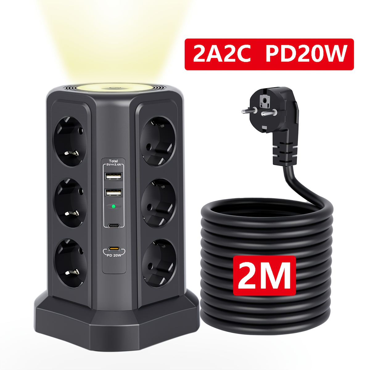 Image of 2025 Eu Plug Extension , 16-in-1 Power Strip Tower With 20w Pd, 2m Extension With Protection, 3-level Night Light For Home Office