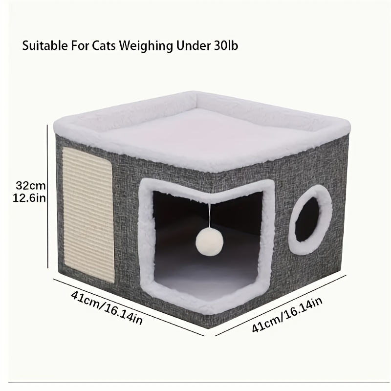 TEMU () Indoor Cat Bed: Double-layer House, Cat Hole Bed & Puppy Tent, Enclosed Cat Villa, Foldable Cat Bed Sofa, Sisal Scratching Board With Anti-slip Bottom And Scratching Mat. Gray.