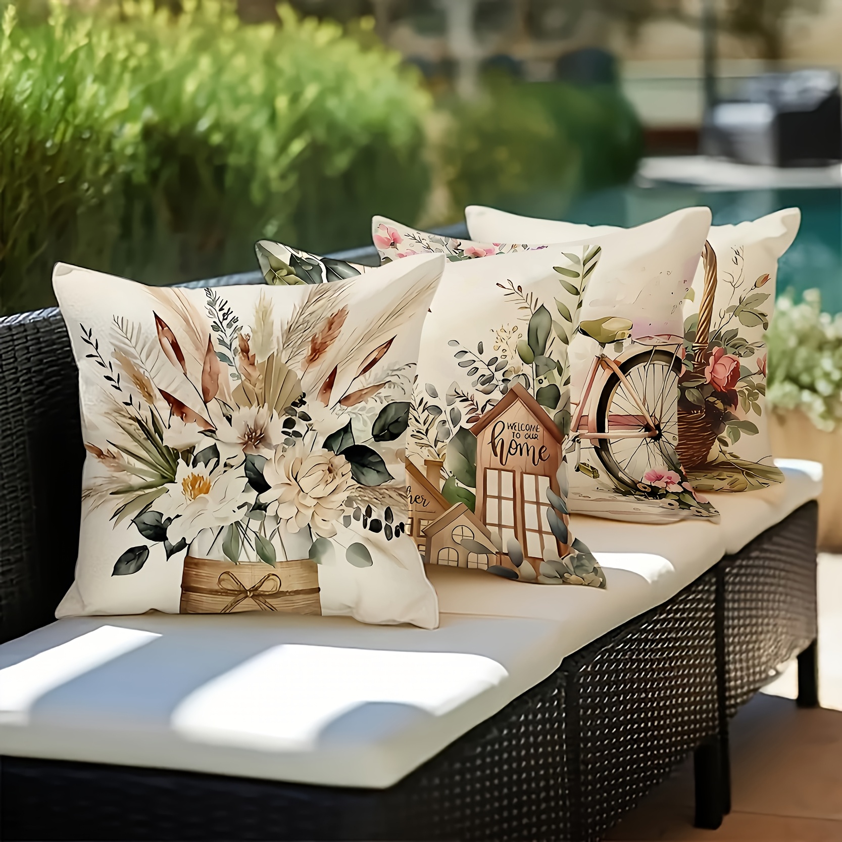 TEMU Juego de 4 fundas de cojín modernas con diseño floral bohemio para exteriores, con estampados de bicicletas, perfectas para la decoración del