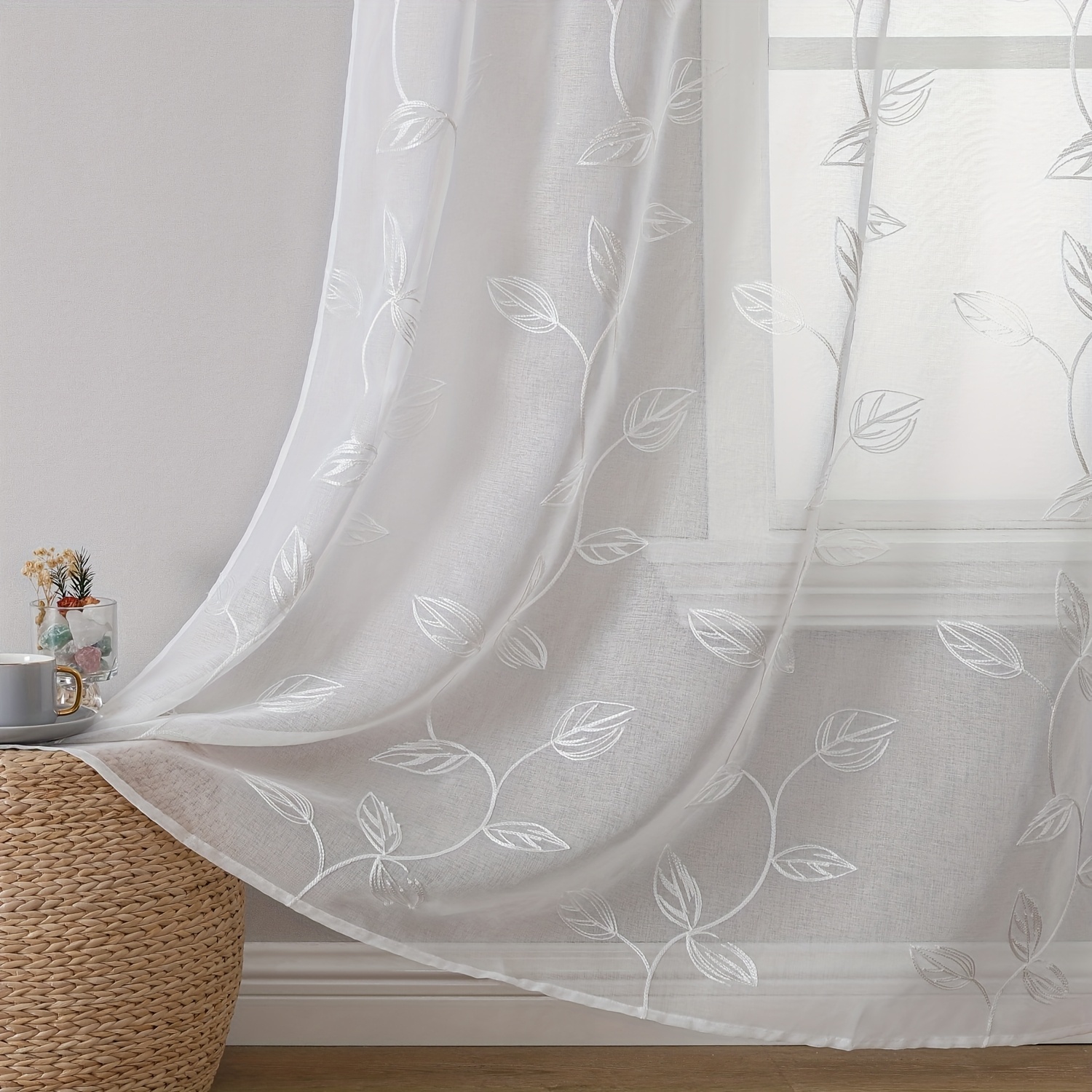 E-shop 2 Stück weiße Blatt-Pflanzen bestickte halbtransparente Vorhänge, nordischer minimalistischer Stil geeignet für Schlafzimmer, Büro, Wohnzimmer,