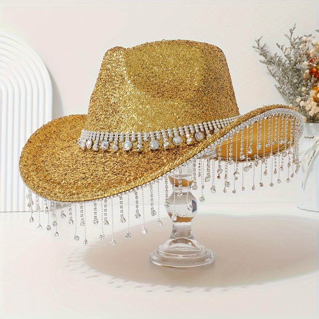 TEMU A Stylish And Luxurious Lady's Hat With Artificial Silvery Rhinestone Chain Decoration, Peach Tassel Hat, Suitable For Weddings, Stage