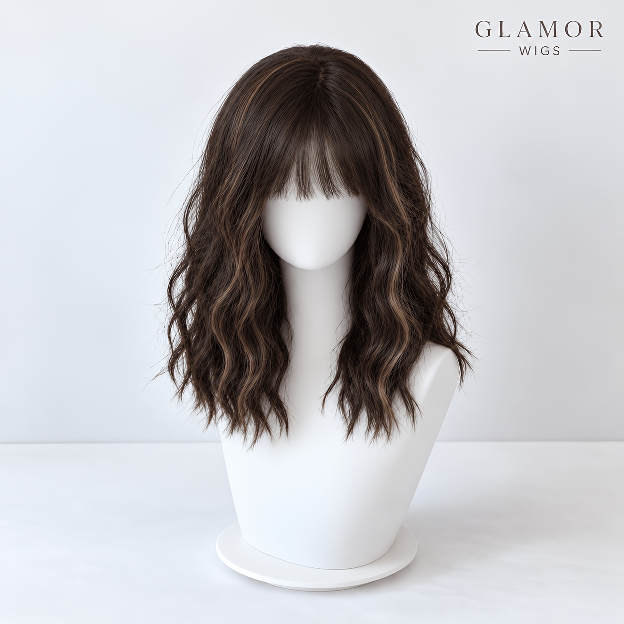 TEMU Women's Dark Brown Caramel Highlight Wavy Wig With Wispy Bangs, Layered Shoulder-length Style, Soft Flowy Curls For Daily Wear, Halloween,