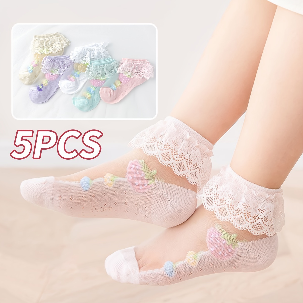 

5 Pairs Of Baby Girl's Lace Mesh & Thin Crew Socks, Comfy Breathable Casual Soft & Elastic Princess Style Socks, Spring & Summer