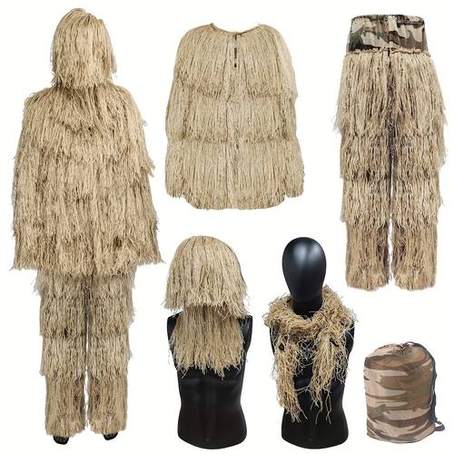 suit for outdoor use 3d complete camouflage outfit designed for blending into desert or environments featuring observation apparel which a jacket trousers head cover and a storage bag