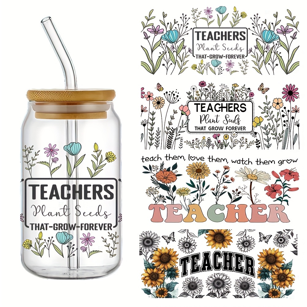 

4pcs Teacher's Dtf Transfer Stickers - Easy Diy Wrap For 16oz Glass Cups, Waterproof & Long- Decals, 4.3"x9.4