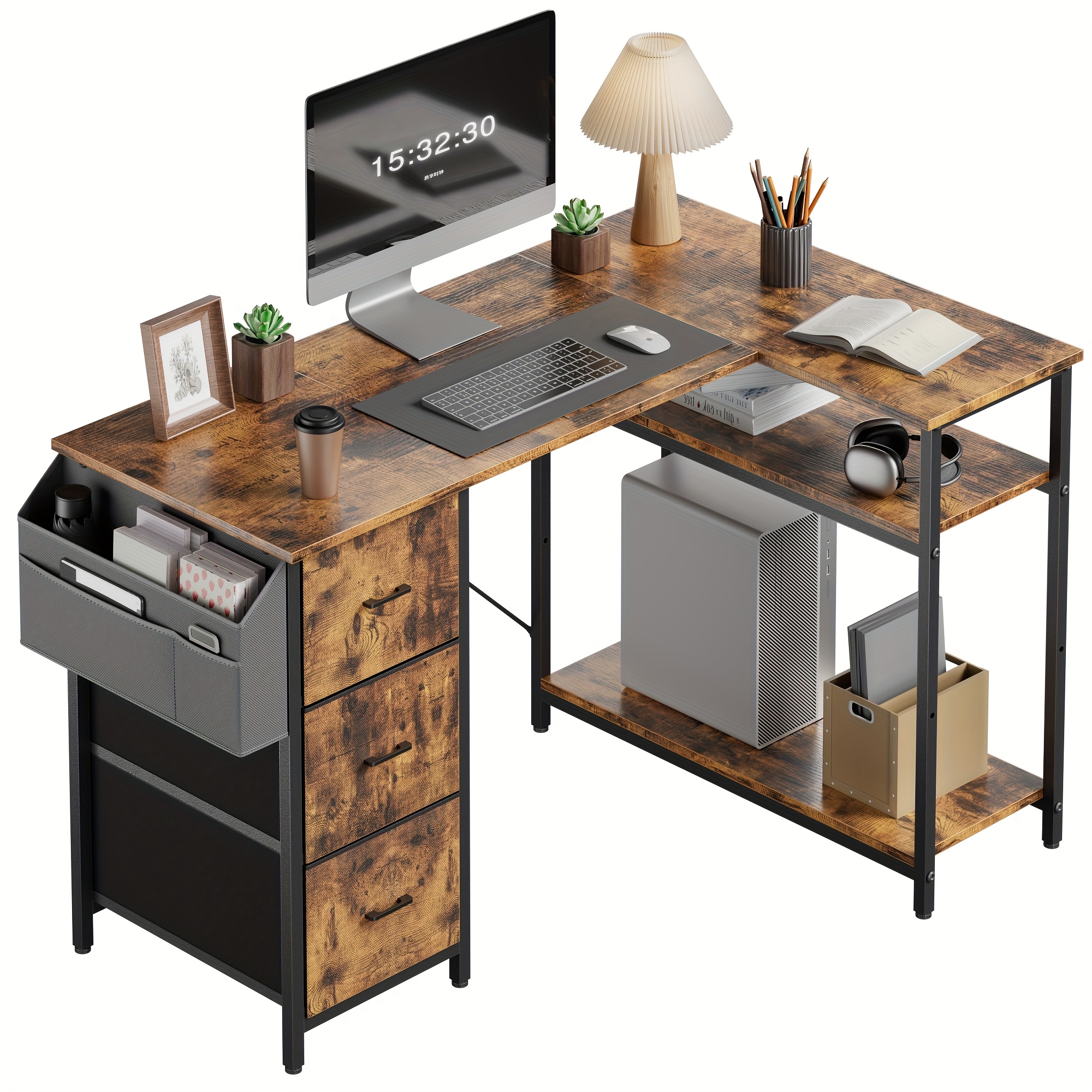 E-shop Büro-Computerschreibtisch 120 & 140 cm mit 1 großer Aufbewahrungstasche 3 Stoffschubladen, platzsparender Schreibtisch für Zuhause/Büro für PC,