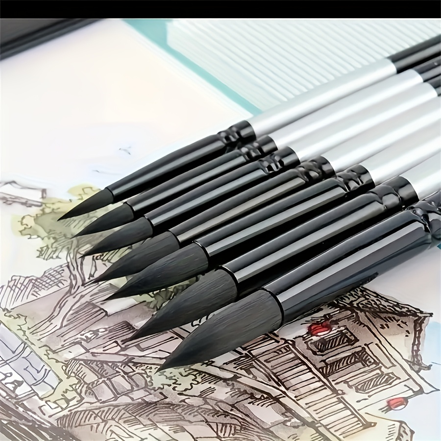 

7pcs Squirrel Hair Watercolor Brush Set, Professional Art Quality, Ideal For Beginners & Acrylic Painters, With Wood Handle And Black Swan Round Head