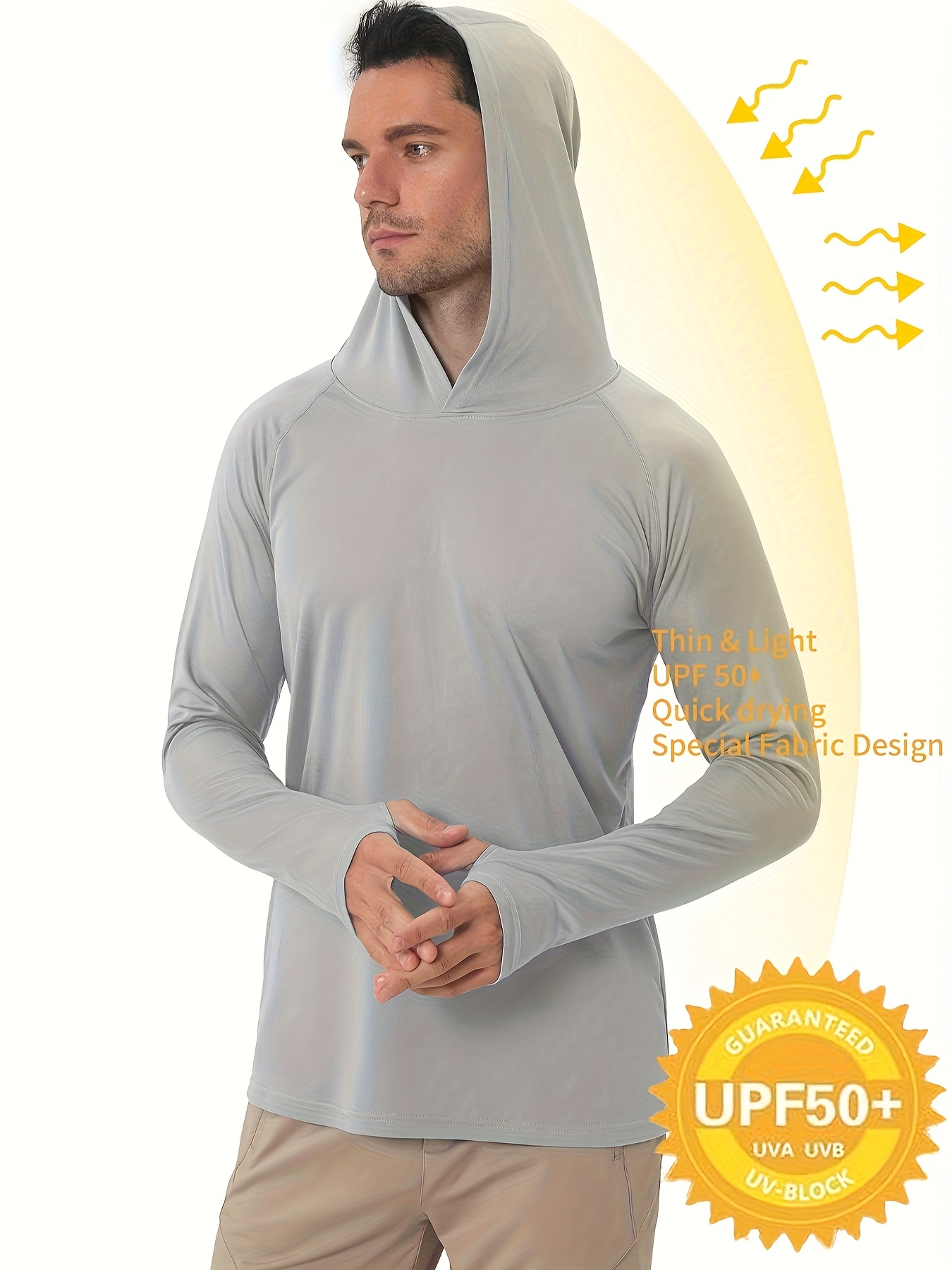 Men's UPF 50+ Sun Protection Hoodie - Lightweight Quick-Dry Polyester Long Sleeve Shirt with Rash Prevention, Breathable Stretch Fit for Outdoor Running, Fitness, Fishing & Cycling
