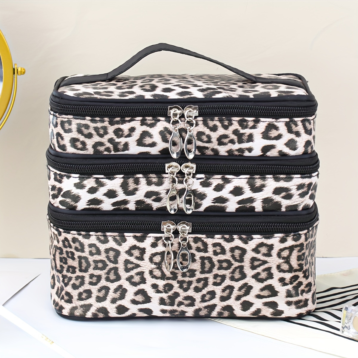 Large Capacity Makeup Bag 3-layer Organizer Multifunctional Partition Storage Fashion Leopard Print