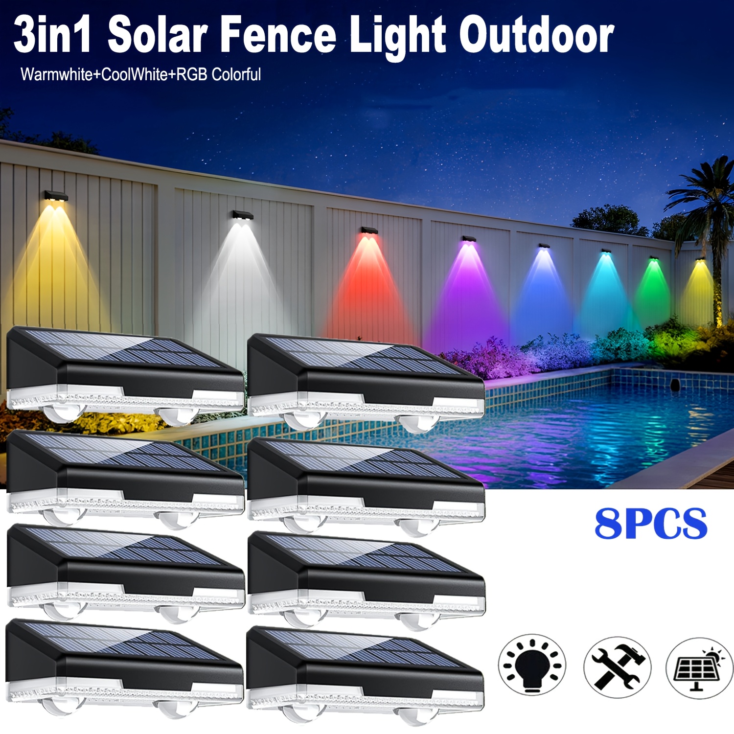 3in1 Multicolor Solar Fence And Wall Lights, Multiple Colors , Rgb+white+warm Light, Outdoor Solar Lights, Providing Bright For Your Backyard, Garden, Fence, Wall, Deck Solar Wall Lights(8pcs)