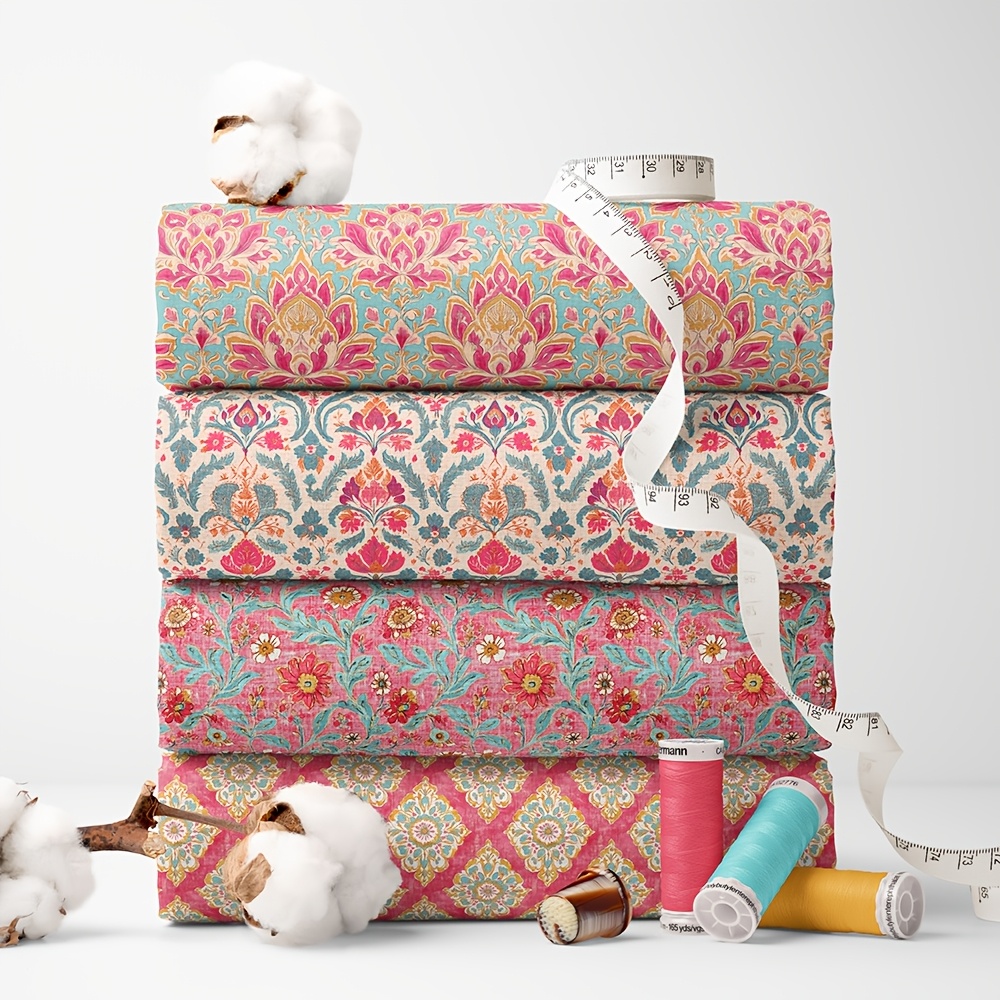 TEMU Ensemble de 4 pièces de tissu à imprimé floral bohème - 18X22 pouces (55X45 cm) Tissu de polyester prédécoupé avec des floraux indiens colorés -