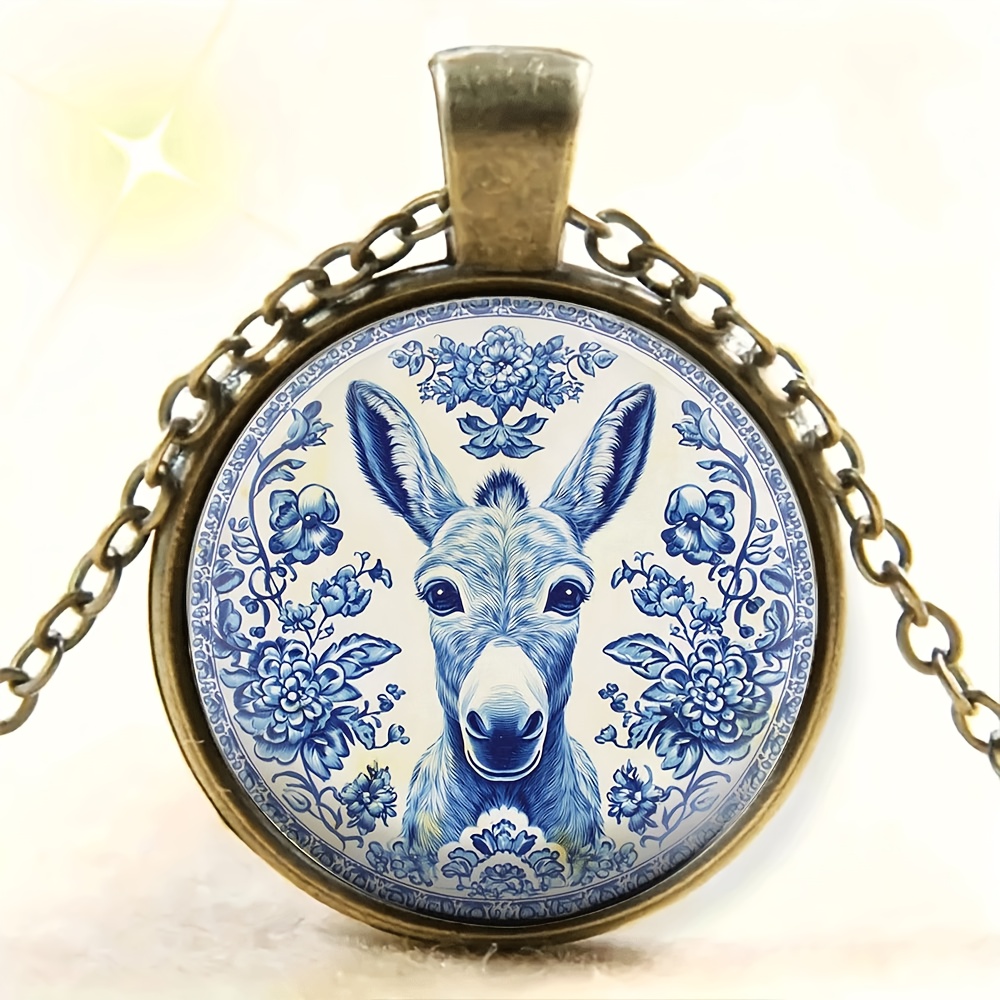 Elegant And Fashionable Donkey, Blue And White Elegant, Pendant Necklace Keychain- Simple Round Design, Bright Colors, Ideal Romantic Gift Jewelry