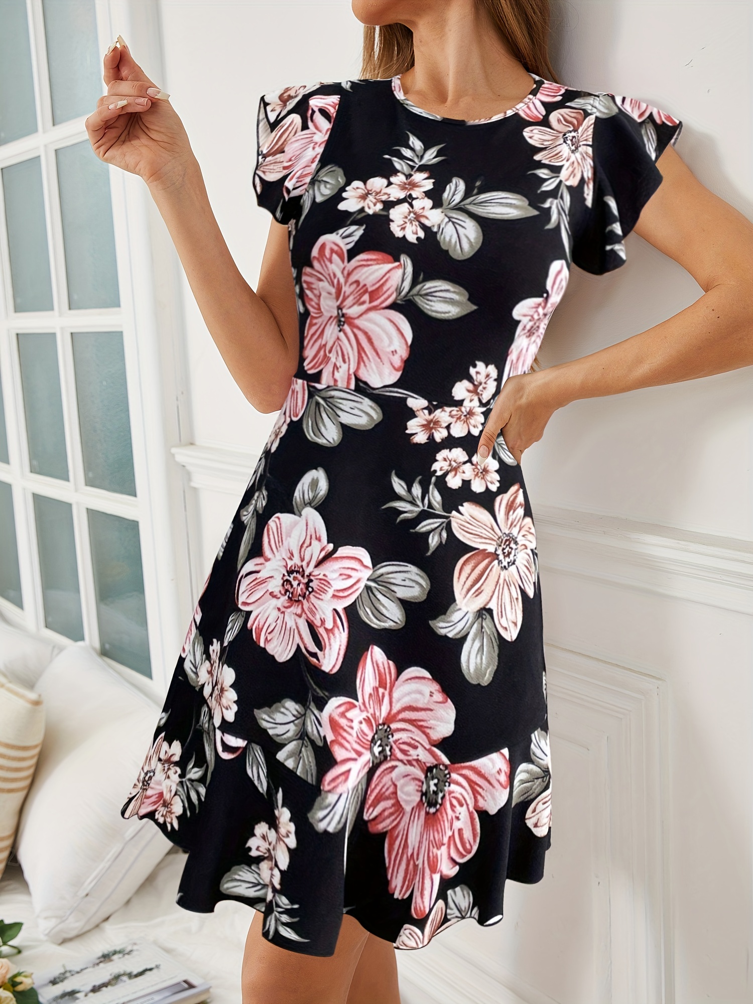 Womens Dresses Round Neck Floral Dress Floral Print Crew Neck Dress, Elegant  Ruffle Sleeve Dress For