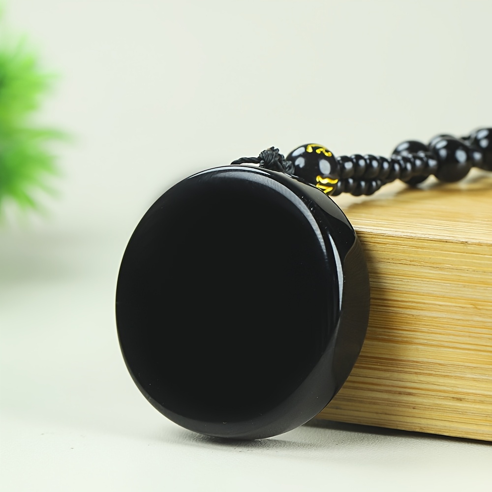 TEMU Natural Obsidian "" (no Trouble) Pendant, Round "peace And Safety" Charm, Beaded Chain, Sweater Chain, Pendant Necklace Charm