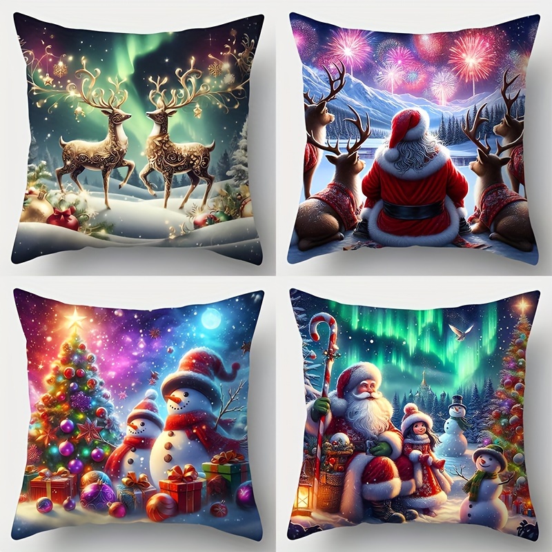 

4pcs Pillowcase Home Pillowcase Waist Pillowcase 17.7*17.7in Snowman Christmas Tree Aurora Fireworks Pillowcase Cushion Cover Suitable For Home Sofa Decoration Room Bedroom No Pillow Plug