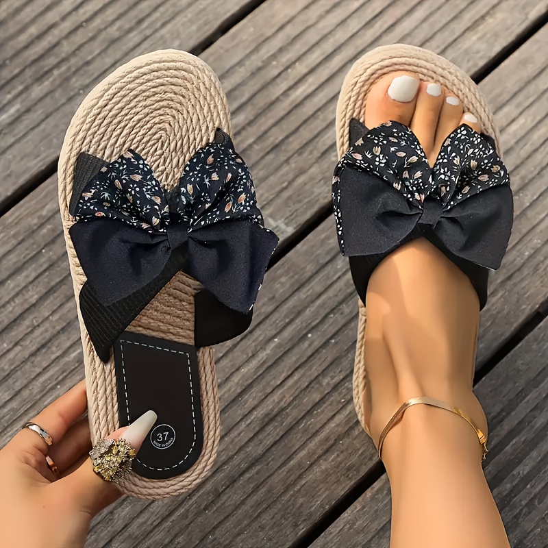 breathable linen slides open toe lightweight   stylish slip on shoes for indoor outdoor relaxation vintage round toe flat sandals with decorative bow indoor outdoor shoes vintage style sandals eva sole sandals details 17