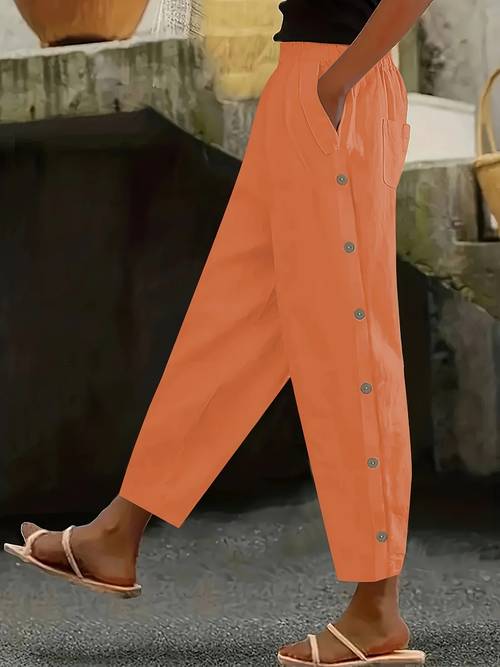 womens casual button front pants with side pockets gray wide leg trousers lightweight polyester vacation or everyday wear vacation attire wideleg pants polyester fabric
